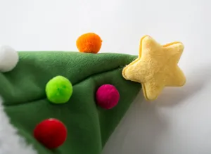 Christmas pet cat dog cape detail, green plush Christmas tree costume with colorful pom poms.