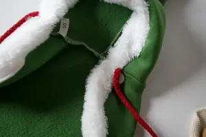 Christmas pet cat dog cloak green fleece cape detail view with cozy white faux fur trim.