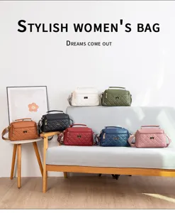 Detailed view of stylish quilted women's shoulder bag with multiple color options and handles.