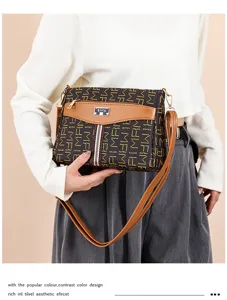 Detailed view of the stylish monogram pattern shoulder bag with contrast color design and strap.
