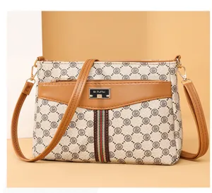 Detailed view of women crossbody shoulder bag with monogram canvas and web stripe trim.