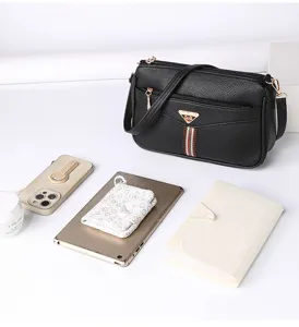Detail view of black soft leather women crossbody bag with multi-pocket and capacity display.