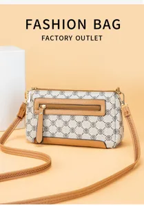 Classic monogram women shoulder bag with brown leather trim and adjustable crossbody strap.