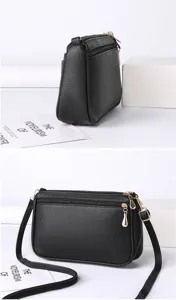 Black soft leather women crossbody bag detail view, daily shoulder purse with gold hardware.