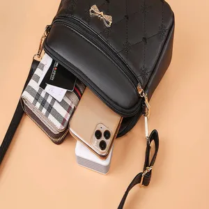 Black quilted crossbody bag for women, PU leather shoulder bag with bow, large daily casual bag.