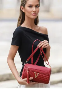 Stunning red quilted crossbody bag for women, luxury pillow shoulder bag featuring metal V logo.