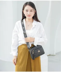 Women stylish quilted crossbody bag with wide strap black shoulder bag everyday fashion