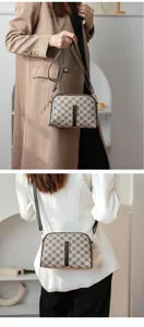 Vintage monogram cross-body bag for women, stylish mini shoulder bag with metallic clasp details.