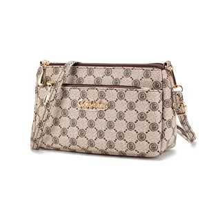 Detailed view of women's multi-layer crossbody shoulder bag with vintage monogram pattern.