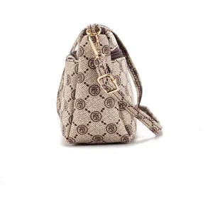 Side close-up of women's multi-layer crossbody bag showcasing monogram print and golden hardware.