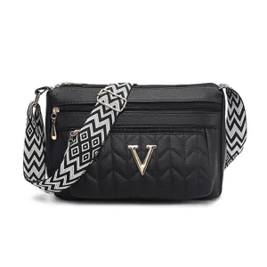 Multi-layer zipper black leather shoulder bag with wide geometric strap for women daily use.