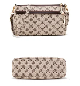 Women multi-layer crossbody shoulder bag vintage monogram design brown casual daily purse