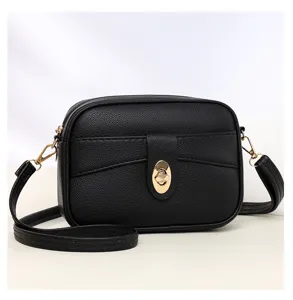 Black leather crossbody bag minimalist women small square shoulder bag with gold hardware
