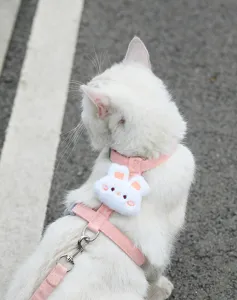 Pink cat harness with cute plush bunny detail, soft vest style leash for outdoor walking.
