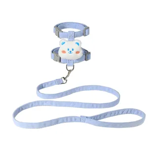 Blue pet harness and leash set with cute white bear plush decoration for cats and small dogs