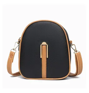 Small vertical crossbody phone bag, black leather with brown trim and gold buckle detail.
