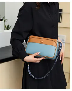Detail view of stylish color-blocked womens crossbody shoulder bag with branded strap.
