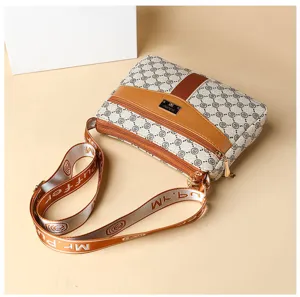 Women crossbody bag detail view, stylish pattern design with multiple zipper pockets for use.
