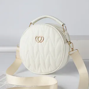 Women Fashion Quilted Circle Crossbody Bag PU Leather Heart Metal Decor Casual Everyday Shoulder Handbag