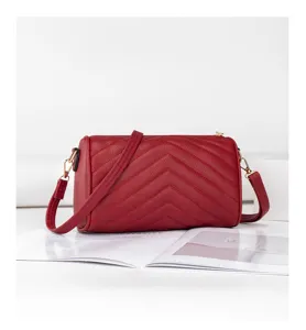 Red quilted crossbody shoulder bag chic V pattern pillow bag stylish women PU leather handbag