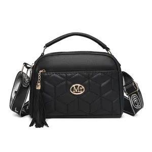 Women quilted crossbody bag fashion black PU shoulder bag with top handle and strap.