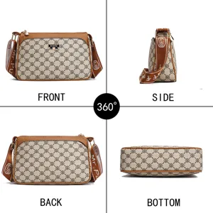 Stylish women's crossbody bag with retro monogram pattern, multiple compartments and wide strap.