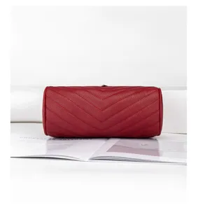 Red chevron quilted barrel shoulder bag with metal lock for women fashion chic daily use