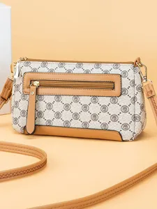 Women Retro Monogram Crossbody Bag Fashion PU Leather Shoulder Bag Casual Small Square Handbag With Zipper