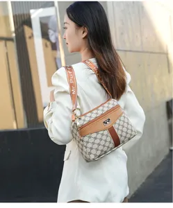 Classic monogram women shoulder crossbody bag with wide strap and multi-pocket design.
