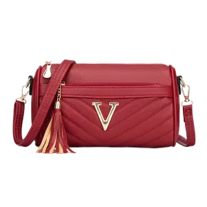 Red Quilted Crossbody Bag for Women Stylish Fashion V-Logo Shoulder Pillow Bag