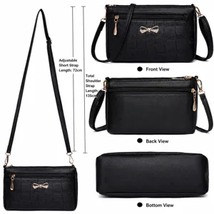 Borsa a tracolla da donna in pelle con motivo coccodrillo nero e fiocco decorativo