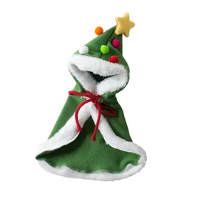 Christmas tree pet cloak with white plush trim and star for cats and dogs, main view.