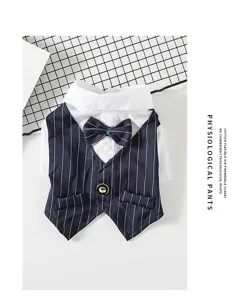 Pet suit detail showcasing navy blue striped vest, white shirt collar and striped bow tie.