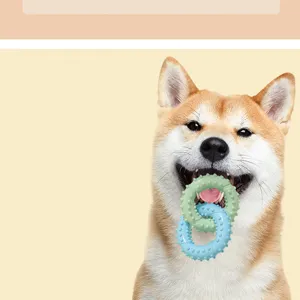 Detailed view of dual ring pet dog chew toy with spiked texture for teeth cleaning and fun.