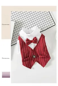 Detailed close-up of pet suit for dogs and cats, featuring formal white shirt and red vest.