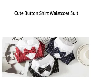Pet suit detail view showing striped design with bow tie and white collar for dogs.