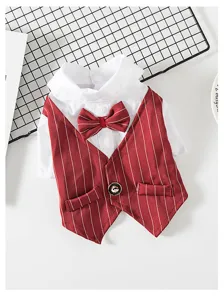 Detailed view of pet suit featuring a red striped vest, white shirt, and matching bow tie.