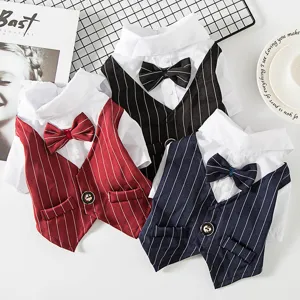 Pet Dog Cat Suit British Style Striped Vest Shirt With Bow Tie Small Medium Dogs Puppy Formal Apparel Pet Clothing