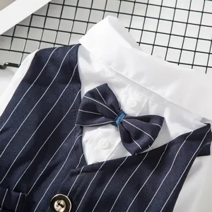 Stylish pet suit for dogs and cats, featuring a striped vest, white collar, and cute bow tie.