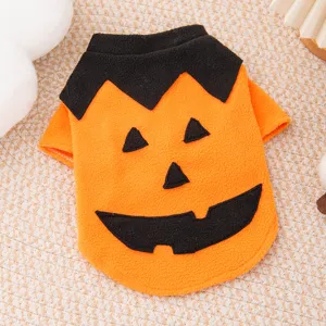 Cute Halloween pumpkin pet costume for small dogs and cats, soft fleece autumn apparel main view.