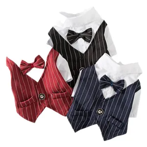 Cute pet dog cat formal suit striped vest with bow tie for small medium pets party apparel.