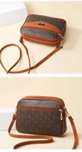Stilinge braune Monogramm Umhängetasche für Damen mit doppelten Reißverschlüssen und Design.
