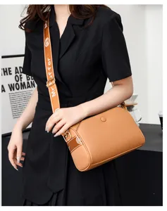 Women casual brown crossbody shoulder bag with stylish wide strap for daily wear