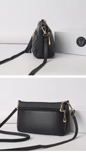 Schwarze PU Leder Umhängetasche für Damen, kleine gesteppte Handtasche mit Reißverschlüssen.