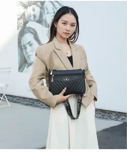 Chic women's quilted crossbody bag with wide strap, large capacity daily street style shoulder bag.