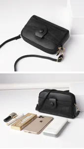 Black mini PU leather crossbody bag for women, casual fashion mobile phone shoulder bag.