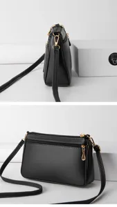 Black multi-layer PU leather crossbody bag featuring gold hardware, clear detail view.
