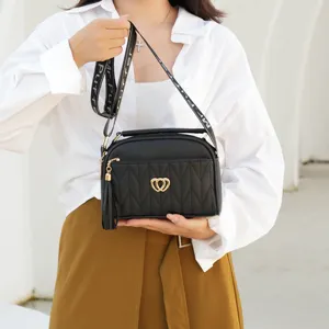 Stylish black shoulder bag for women, trendy quilted crossbody handbag with chic tassel and strap.