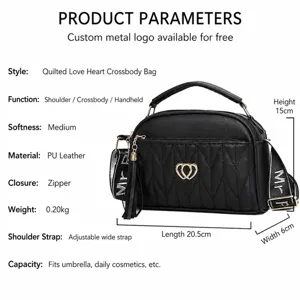 Black PU leather quilted crossbody shoulder bag with heart tassel charm for women daily fashion.