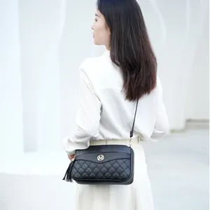 Women black quilted crossbody shoulder bag chic tassel commuter handbag stylish casual purse